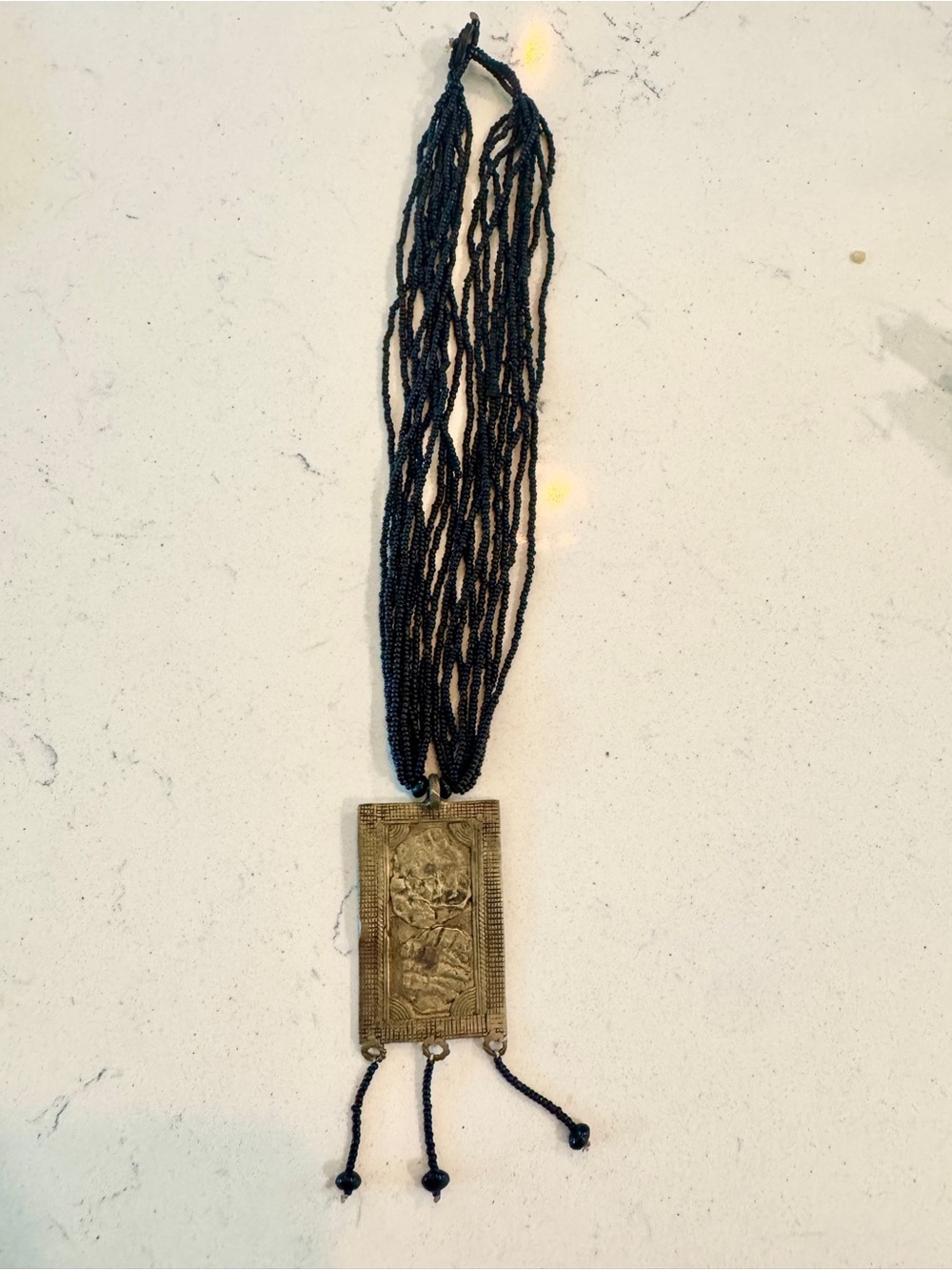Handmade African Brass Pendant Necklace with Black Beaded Multi-Strand Chain